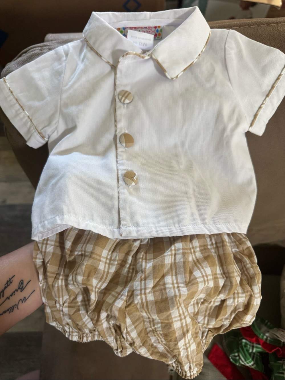 White & Tan Plaid Baby Matching Set - Short Sleeve Shirt and Bloomers